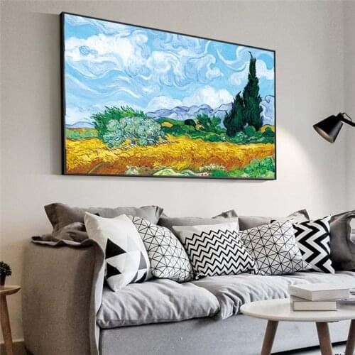Wheatfield With Cypresses By Van Gogh Oil Paintings Replication Impressionist Landscape Poster Wall Art Pictures for Living Room