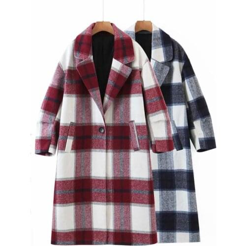 2021Winter Womens Jacket European American Style Retro Plaid Mid-Length Coat Loose Long Sleeves Pocket Ladies Elegant OverCoat