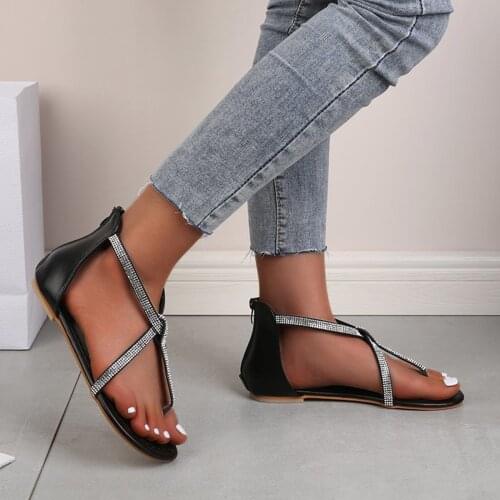 Womens Sandals Summer Bohemian Flat Sandals Beach Shoe Casual Summer New Arrivals Crystal Buckles Roman Shoes Plus Size
