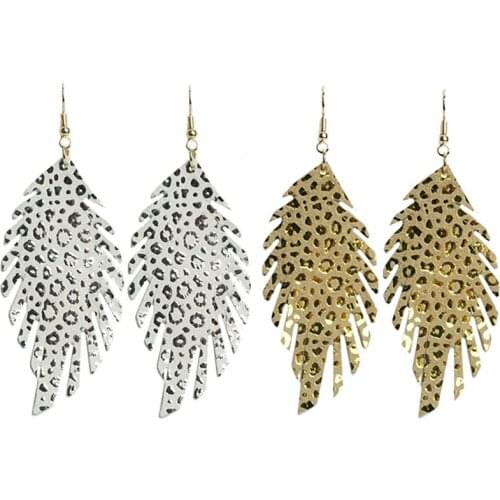 Cpop Feather Genuine Goat Leather Earrings for Women Fashion Glitter Pendant Leaf Statement Earrings Leather Jewelry Accessories