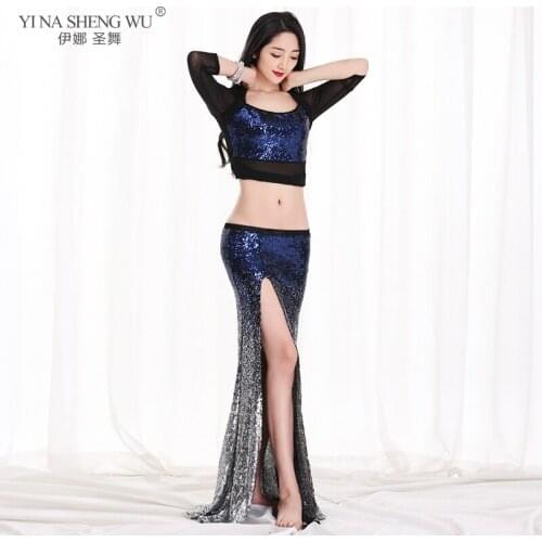 New Women Bling Bling Sequin Fishtail Skirt Sexy 2 Piece Set Belly Dance Mermaid Costume Stage Show Clothes Royal Blue 3 Colors
