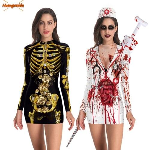 Horror Bloody Nurse Skull Costumes Women Terror Cosplay Halloween Costumes For Women Dresses Ghost Nurse Carnival Prop