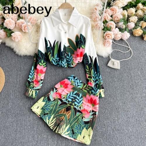 Women Spring Design Plant Print Suit Turndown-Collar Button Casual Tops+High Waist Wide Leg Short Pants Two Piece Set