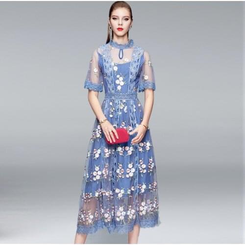 Fashion Runway Dress Summer Womens Wedding Party Dress Short sleeve Mesh Flowers Embroidery Lace Trims Slim Elegant Dresses