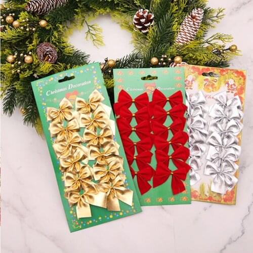 12pcs Christmas Bows Decorations Gold Silver Red Bowknot Xmas Tree Hanging Ornaments For New Year Home Party Gift Box Decor