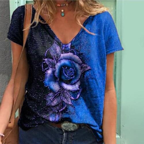 2021 Summer Vintage Rose Flower Printed Women T-shirt Sexy V Neck Short Sleeve Tops Clothing Fashion Elegant Sling Slim Y2k Top
