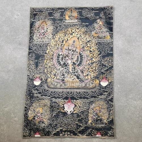 35" Thangka embroidery Tibetan Buddhism silk embroidery brocade Nepal Bull head Thousand Hands Huanxi Buddha Statue Thangkas