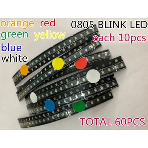 60pcs Flashing Blink LED Diode 0805 SMD Blinking Flash Diodo SMD 0805 Mixed 10pcs each Red Jade-Green Blue White Yellow Orange