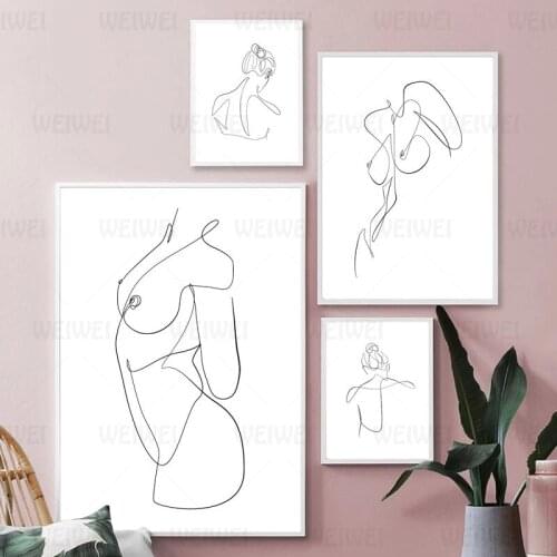 Nude Body Abstract One Line Drawing Art Painting Picture Feminine Naked Woman Figure Erotic Wall Art Canvas Prints Bedroom Decor