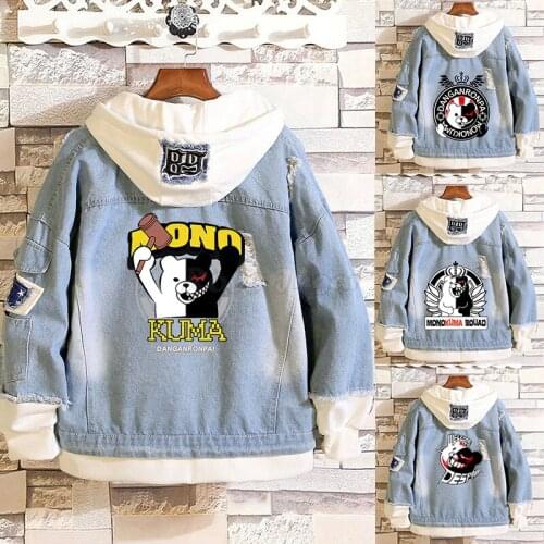 Danganronpa Denim Hoodies Unisex Daily Monokuma Print Zipper Jacket Cosplay Costume Anime Halloween Cowboy Hooded Coat C65M193