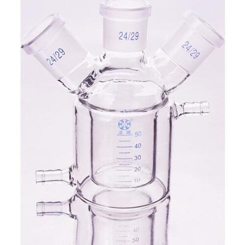 Double-deck cylindrical three-necked bottom flask,With tick mark,Capacity 50ml,Joint 24/29,Mezzanine jacketed reactor bottle