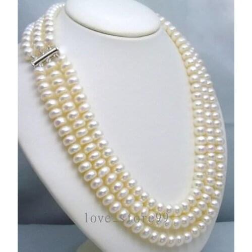 Elegant 3 rows natural White AKOYA pearl necklace AKOYA wholesale SHIPPING -jewelry