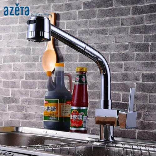 Azeta Free Shipping Kitchen Water Tap Chrome Brass Single Handle Pull-out Faucet Rotatable Kitchen Sink Faucet MK9824C