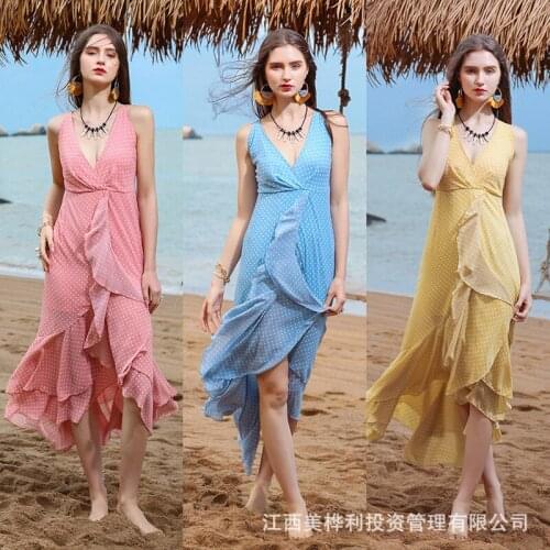 Traf New Summer Womens Dress 2021 V-Neck Polka-Dot Breathable Irregular Sling Sexy Beach One-Piece Long Skirt Wife Gift