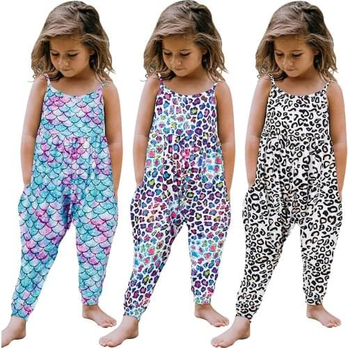 1-6 Years Kids Girl’s Summer Suspender Jumpsuit Sleeveless Fish Scale Leopard Print One Piece Long Pants Overalls Girl Jumpsuit