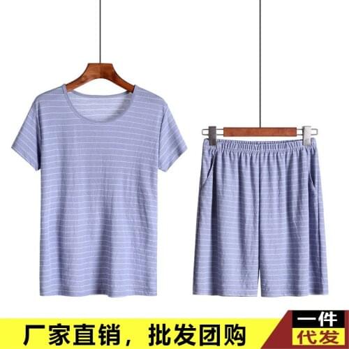 Summer new mens pajamas, home service suits, thin breathable stripes, casual and comfortable outer wear short-sleeved pants who