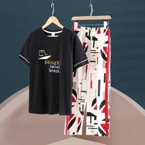 Plus Size M L XL XXL 3XL Women Cotton Pajamas Sets Print Short T-Shirt Lady Sleep Suit 2PCS Sleepwear Nightwear Summer Home Wear