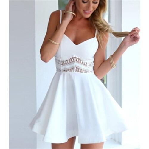 Hollow Stitching Big Swing Strap Dress Temperament Ladies Party Dress Summer Dress Black And White 2 Colors Sexy Lace Dress