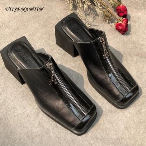 Original Design Metal Chain Decoration Square Heel Half Slippers Summer Cowhide Square Toe Lazy Muller Shoes