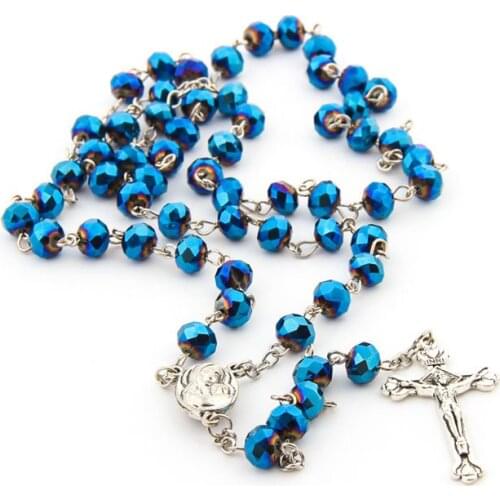 QIGO Catholic Strand Jewelry Cross Crystal Rosary Necklace Long