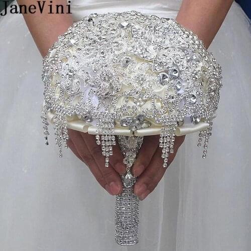 JaneVini flores de voda Luxury Crystal Wedding Flowers Bridal Bouquets White Satin Rose Silver Rhinestone Beaded Bride Bouquet