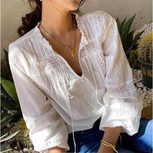 AYUALIN Lantern Long Sleeve White Lace Blouses shirts Women 2021 Vintage Cotton Floral Embroidery Tassel Casual Autumn Boho Tops