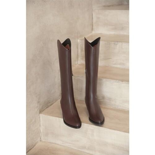 2020 simple style popular cow leathe stretch boots round toe high heels winter women keep warm solid thigh high boots