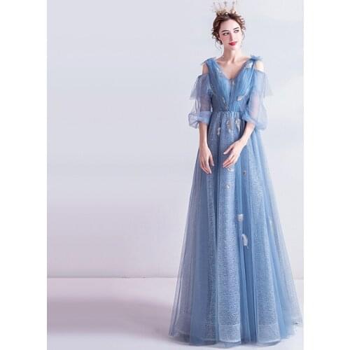 Evening Dresses Illusion A-Line V-Neck Half Sequined Pleat Backless Lace Tulle Off The Shoulder Luxury Women Formal Gown TS011