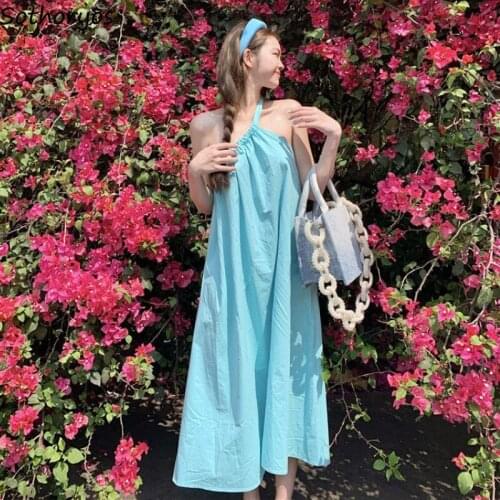 Women Sleeveless Dresses Solid Shirring Asymmetrical Irregular Vintage Fairy Neck-mounted Sweet Elegant Temperament Mid-calf Hot