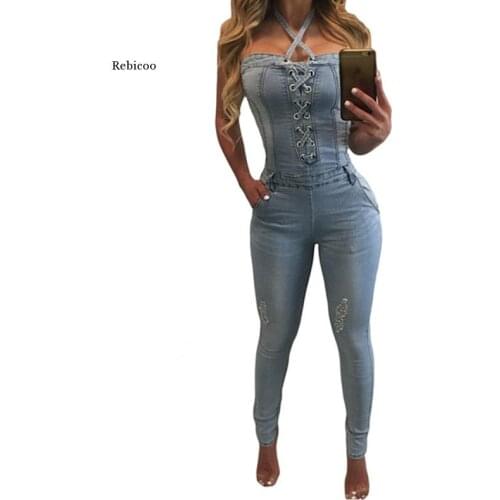 Denim Overalls Women Sexy Halter Jeans Jumpsuits Square Neck Sleeveless Playsuits Body For Women Rompers Womens Jumpsuit