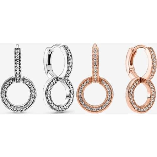 Authentic S925 Sterling Silver Sparkle Set Cz Double Ring Earrings Womens Fashion Silver Earrings Jewelry Gifts