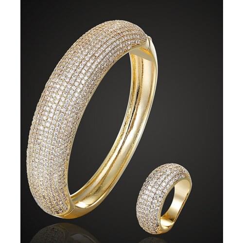 Zlxgirl jewelry luxury full mirco pave Cubic zircon bangle with ring jewelry set women size copper pave setting bracelet bangle
