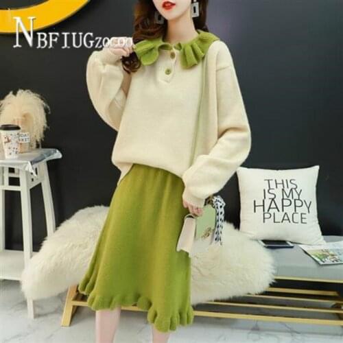 Winter Sweet Women Sets Candy Green Color Sweater And Skirt Female Sets