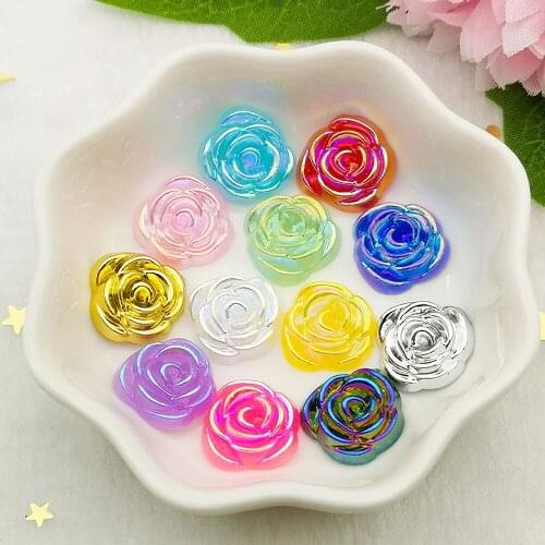30pcs 15mm AB Resin Cute Rose Flower Flatback cabochons Stone Wedding Buttons Craft Scrapbook