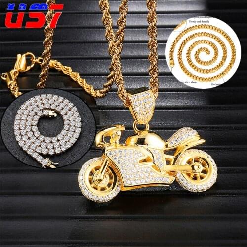 US7 Crystal Motorcycle Pendants Necklaces Men White Zircon Shiny Iced out Necklace Hip Hop Bling Rapper Cool Street Jewelry