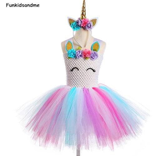 Kids Unicorn Dresses for Girls Birthday Princess Party Dress Child Tulle Flowers Girls Tutu Dress Gown Halloween Party Costume