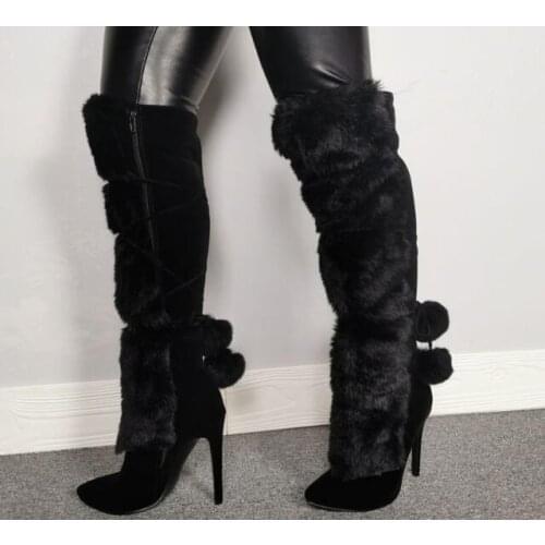 Dipsloot Fashion Black Ball Fur Long Boots Women Pointed Toe Cross tied Stiletto Heel Knee High Boots Warm Winter Boots