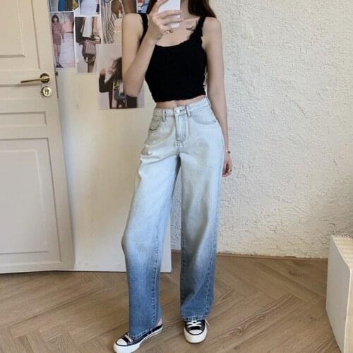 Trendy Women Thin Denim Jeans Retro Washed Pockets Gradient Trousers Female High Waist Straight Pants New Nice Summer Ins