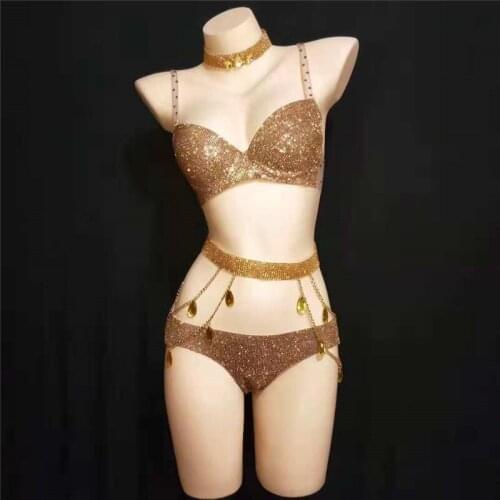 E51 Gold color Rhinestone bodysuit dj bikini dress bra catwalk performance show clothe party outfits disco pole dance costumes