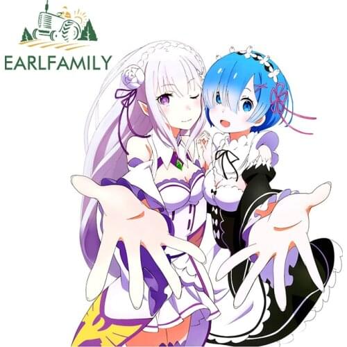 EARLFAMILY 13cm x 11.3cm for Re Zero Rem Emilia Kawaii Auto Decal Vinyl Car Stickers Car Styling Window Trunk Decoration