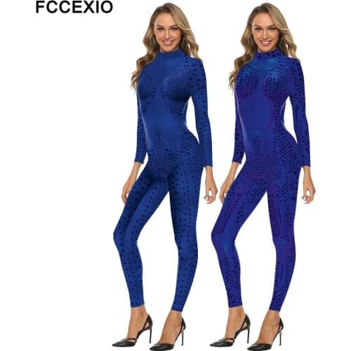FCCEXIO The Party Series Pure Color Wave Point Print New Jumpsuit Plus Size Long Sleeve Sexy Women Skinny Elastic Bodysuits