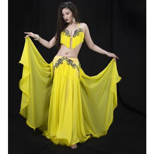 Belly Dance Suit Suitable For B-c Cup Bras yellow Spandex Real Silk Satin Women Oriental Dance Competition Luxury tassel Set