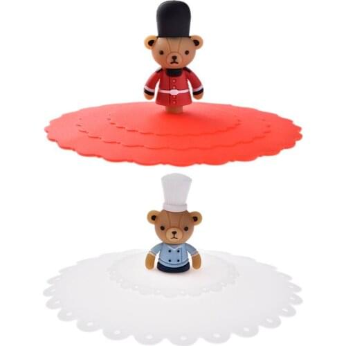 Cute Wave Bear Silicone Leakproof Cup Lids Household Reusable Heat Resistant Dustproof Sealed Cover For 10cm Caliber Water Cup