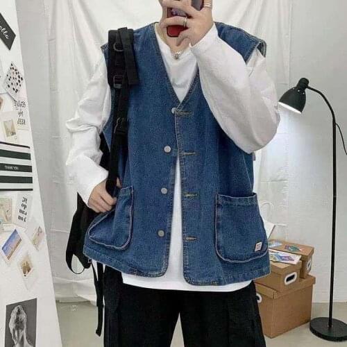 2021 Mens Korean Fashion Cowboy Jackets Vest Harajuku Style Coats Loose Outerwear Retro Couple Blue Denim Vest Jackets M-2XL