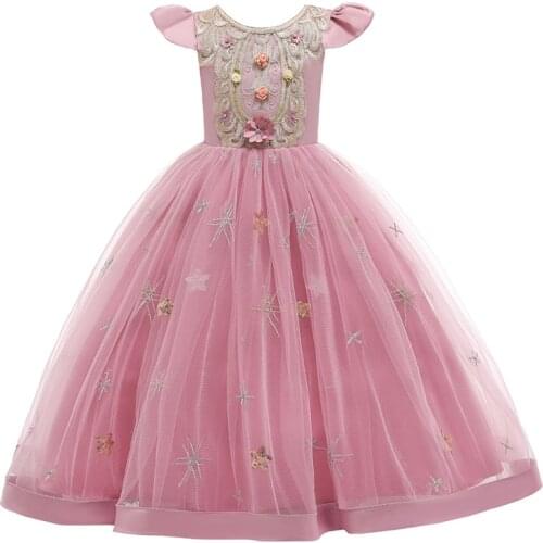 New Girls Short Sleeve Host Dress Lace Flower Princess Dress 2-12T Kids Girl Birthday Wedding Long Dresses Girls Party Costume