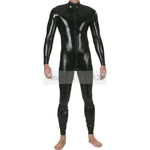 Solid Black Man Front Zip Latex Bodysuit Male Tight Suit Rubber Catsuit BNLCM071