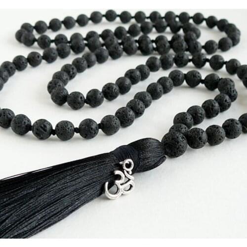 8mm Black Lava Stone Mala Necklace Meditation Jewelry Hand Knotted 108 Beads Long Necklace Men Gift Yoga Mala Jewelry