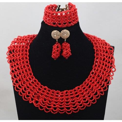 Lovely Design Light Red Crystal Handmade Nigerian African Wedding Bridal/Women Beads Necklace Jewelry Set Free Shipping ANJ186