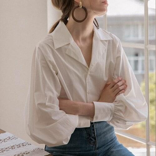 Womens Clothing Shirts & Blouses Simple Style White Women Shirts V-neck Long Sleeve Puff Sleeve Chic BF Style Ladies Shirt