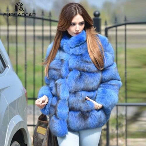 FURSARCAR Natural Blue Fox Fur Coat Women Winter Luxury Fox Fur Outwear New Fashion Thick Real Fox Fur Coat With Fur Hood